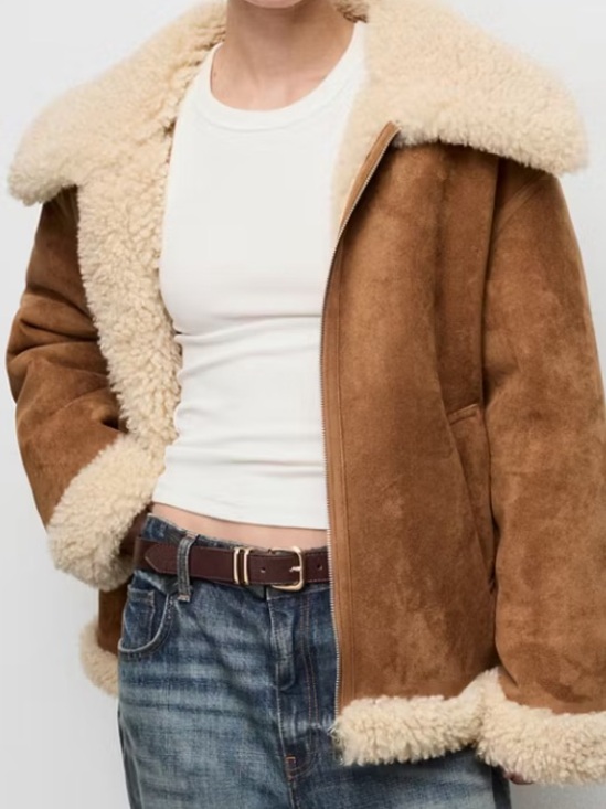 Mango Jackets & Blazers - Mango Brown Jacket with Cream Faux DOUBLE-FACED SHEARLING JACKET 7804